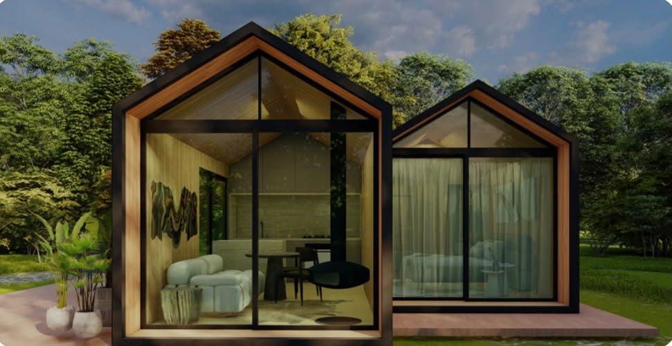 Interior integrado de duas casas modulares com fachada em vidro