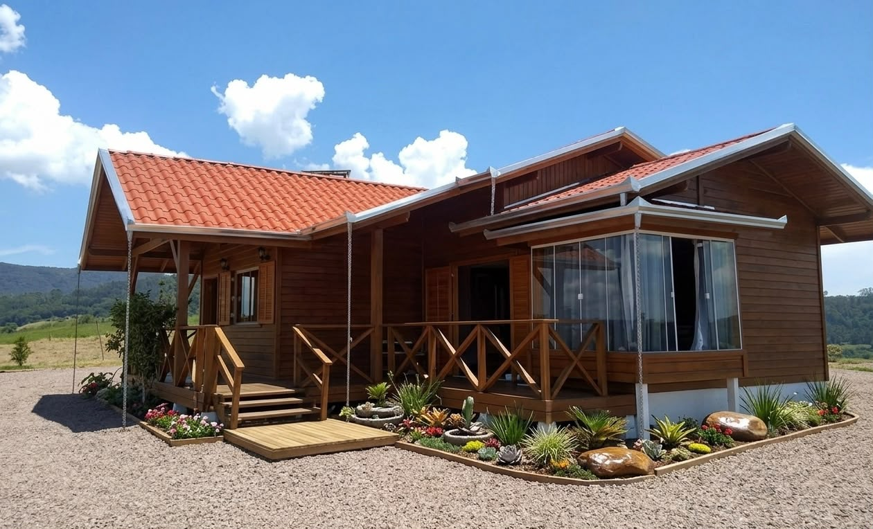 Casa Harmonia: casa térrea de madeira de 92 m² com varanda e telhado cerâmico