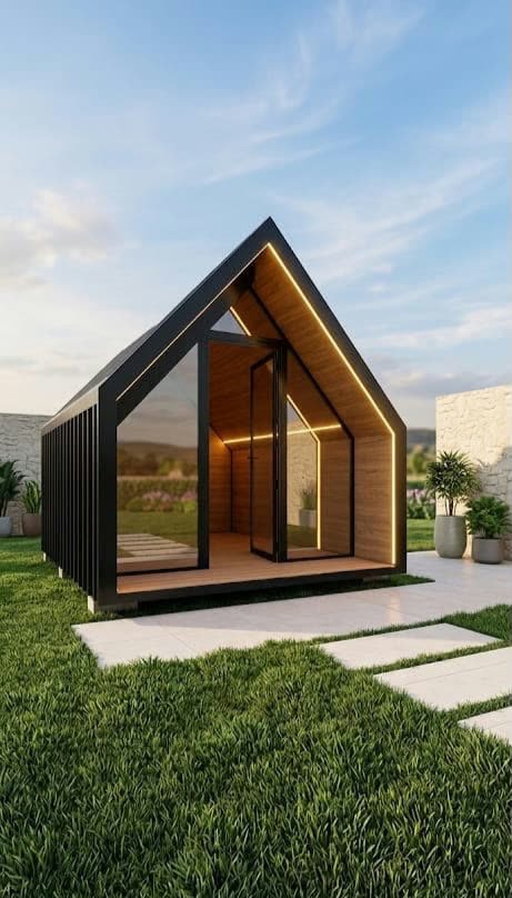 Casa Leve: casa modular de 23 m² com fachada envidraçada, estrutura preta e interior em madeira