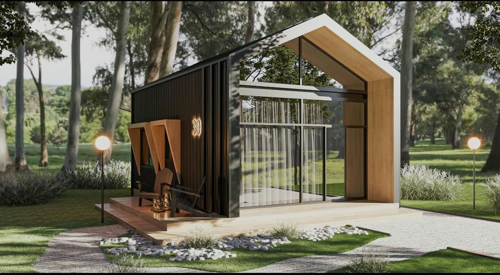Casa Origem: casa modular de 30 m² com deck de madeira, fachada envidraçada e revestimento escuro